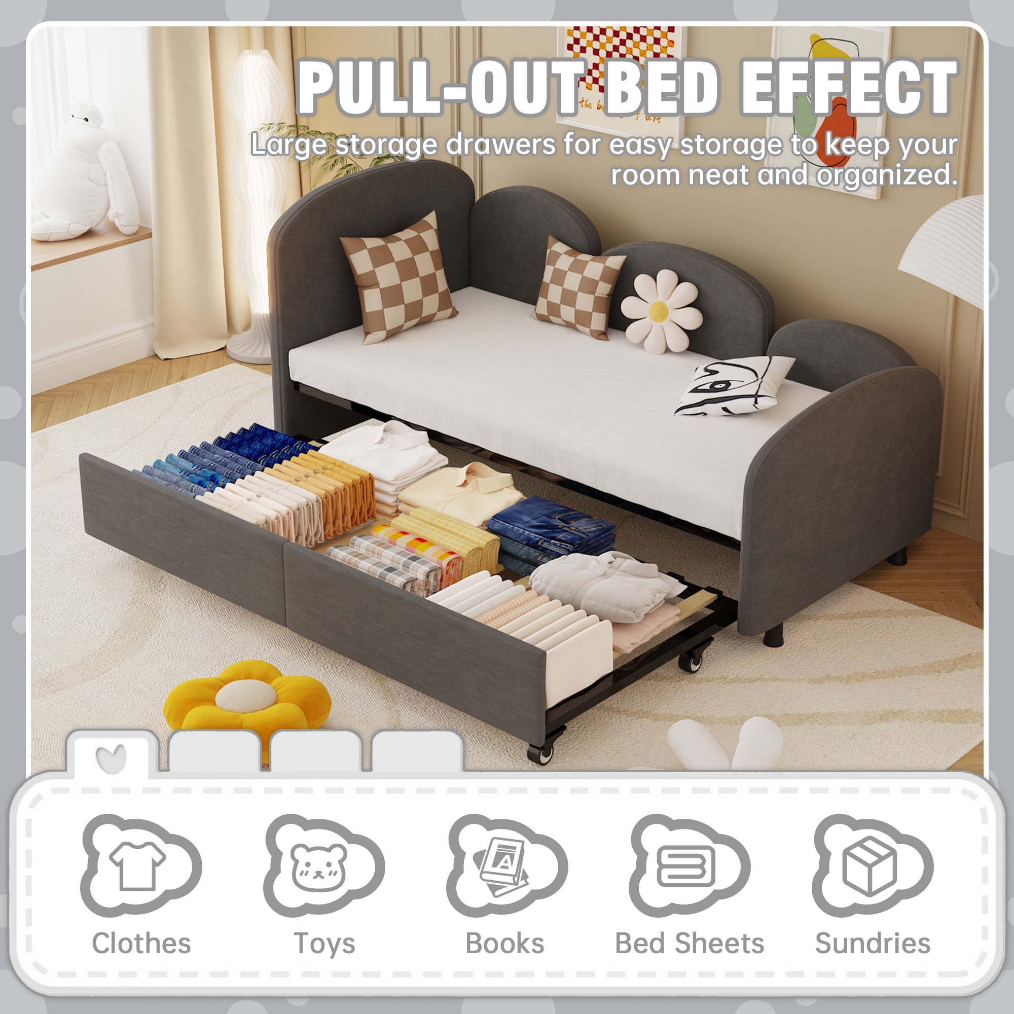 MAYEERTY Velvet Upholstered Daybed, Modern Sofa Bed Daybed Frame Twin Size Bed frames With An Another Bed frame Beige