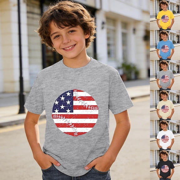 Tisuna USA Anniversary T Shirts For Boys Kids Short Sleeve Crew Neck American Flag Tops Soft 4Th Of July T Shirts For Toddler And Tweens 1-13 Years