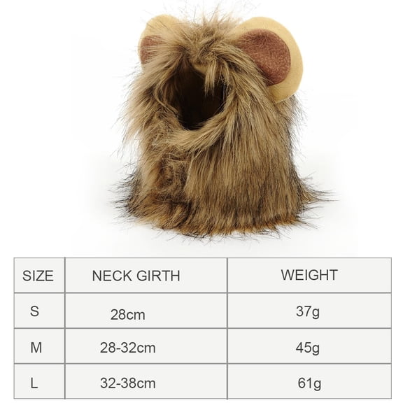 Cute Pet Lion Mane Costume Wig with Ears for Dogs and Cats Adjustable Neck 11.02-12.60 inches / 28-32 cm Halloween Christmas Cosplay Party Brown Hair Dress-Up Accessory