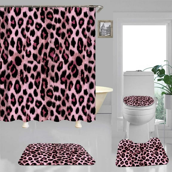 4PCS Leopard Print Shower Curtain Sets with Rugs, Cheetah Print Shower Curtain, Waterproof Fabric Purple Shower Curtain, American Wildlife Wild Animal Skin Safari Modern Women Bathroom Decor