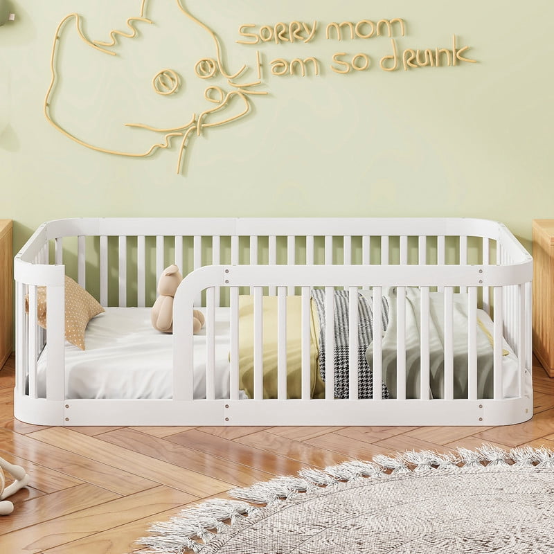 Duxelifin Twin Size Floor Bed with High Rails for Kids, Solid Wood Floor Bed Montessori Frame, No-Slat Design, Modern Toddler Floor Bed for Boys Girls (White)