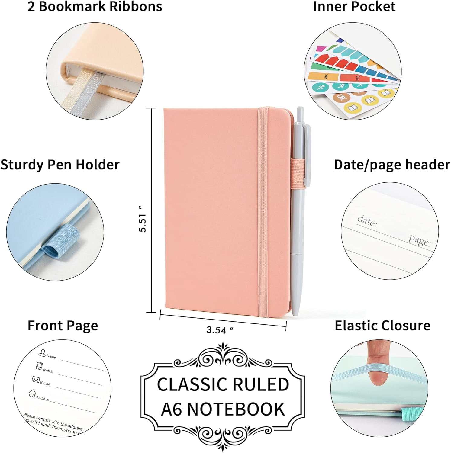feela 6 Pack Pocket Small Notebooks Bulk, Mini Cute Memo Notepads Hardcover College Ruled Lined Journals with Pen Holder, with 6 Black Pens, 3.5”x 5.5”, A6, Mild Colors