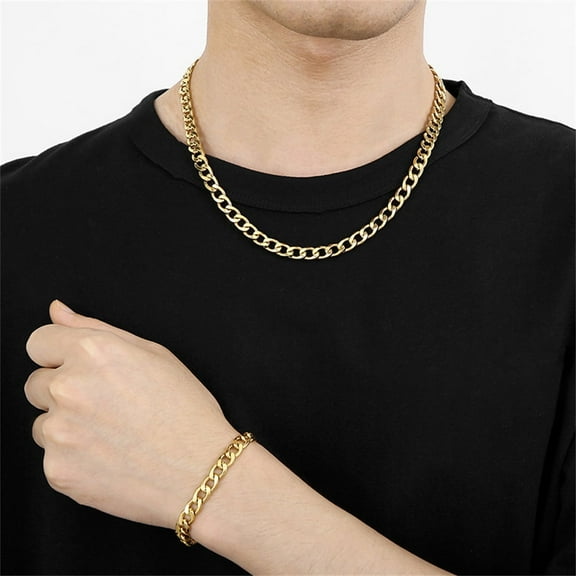 14K Yellow Gold 7mm Cuban Link Chain Bracelets Necklace For Women Men Fashion Party Wedding Jewelry Sets Gifts