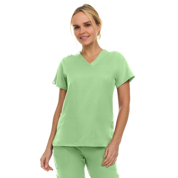 MediChic Women's V-Neck Scrub Top - 3-Pocket, 4-Way Stretch, Comfortable Medical Uniform, Green Apple Small