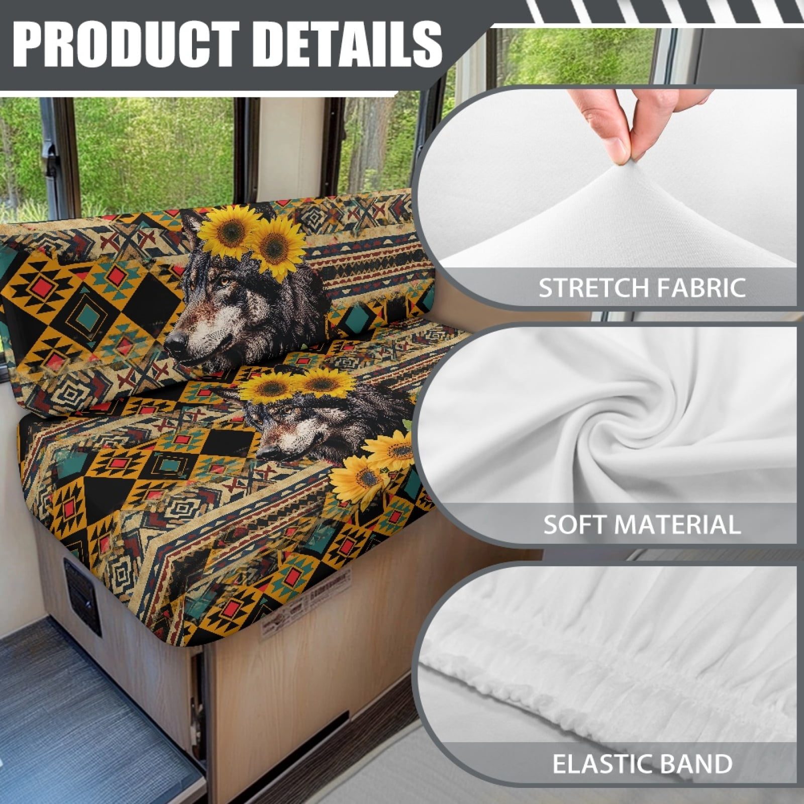 Kuiaobaty Anti-Slip RV Dinette Cushions Covers Couch Cushion Slipcovers RV Sofa Seat Slipcovers Sofa Slipcovers for RV Camper Car Bench, American Tribal Wolf Sunflower Pattern