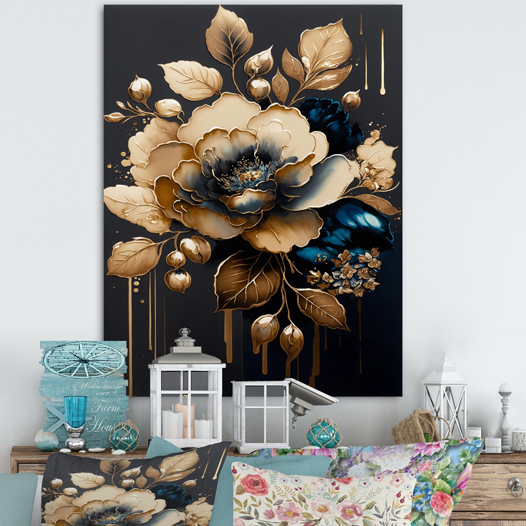 Designart Blue And Gold Camellia I Canvas Wall Art