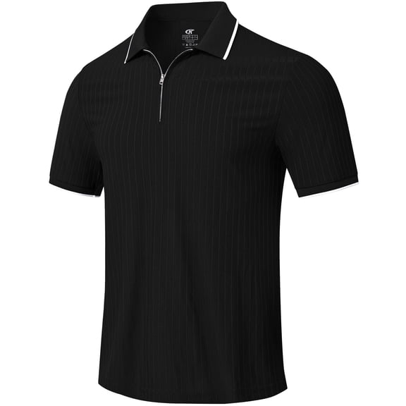 QPNGRP Men's Zipper Polo Shirts Short Sleeve Moisture Wicking Dry Fit Striped Casual Golf Shirts for Men Black L