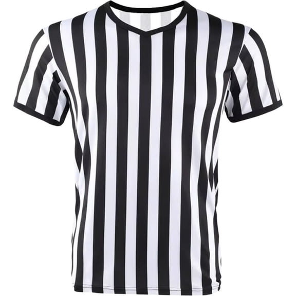 Byfri Men's Black White Stripe V-Neck Referee T-Shirt for Basketball Football Sports Size M