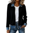 thumbnail image 3 of BODOAO Women's Ribbed Knit Zip Up Jacket, Denim Collar Cuff Patchwork Cardigan, Casual Long Sleeve Bomber Coat for Fall Winter Work, Vacation and Daily Wear Black L, 3 of 4