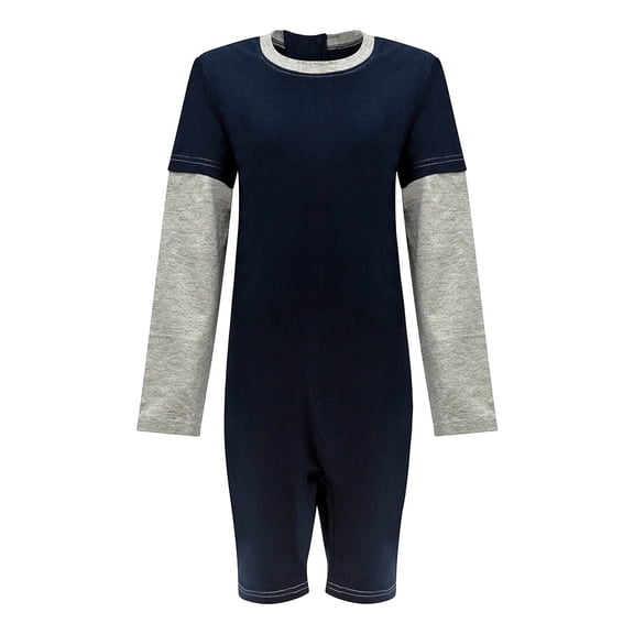 Kaycey Adaptive Clothing Zipback Jumpsuit, Long Sleeve Short Leg, Navy Body-Grey Trim, Age 8-9