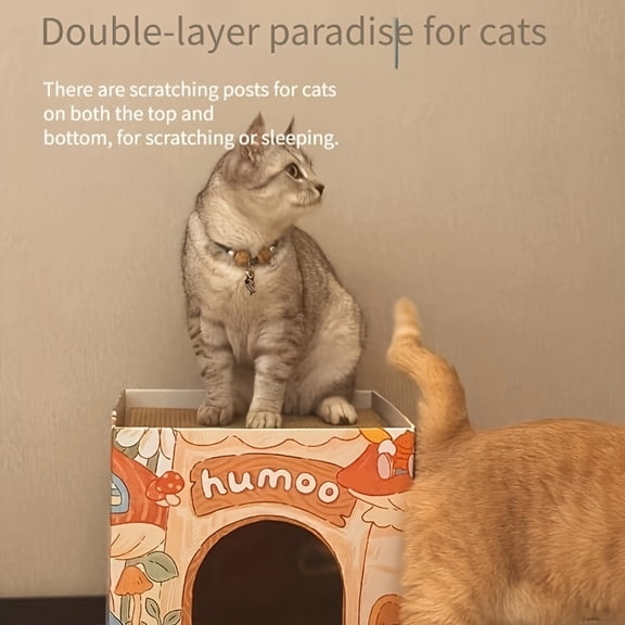 Double-Layer Foldable Cat House, 2-in-1 Cardboard Scratcher & Bed with Castle Design
