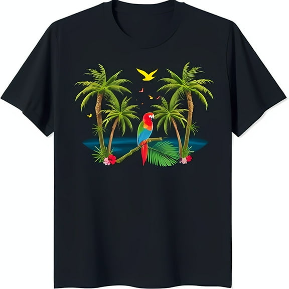 Vibrant Tropical Parrot Graphic on Black T-Shirt Paradise Vibes