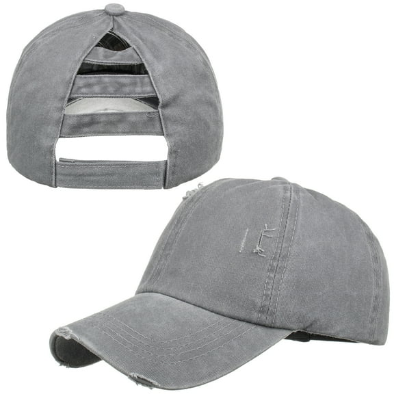 Toptie Women 3-Stripe Ponytail Baseball Cap Distressed Washed Messy High Bun Ponytail Hat-Grey