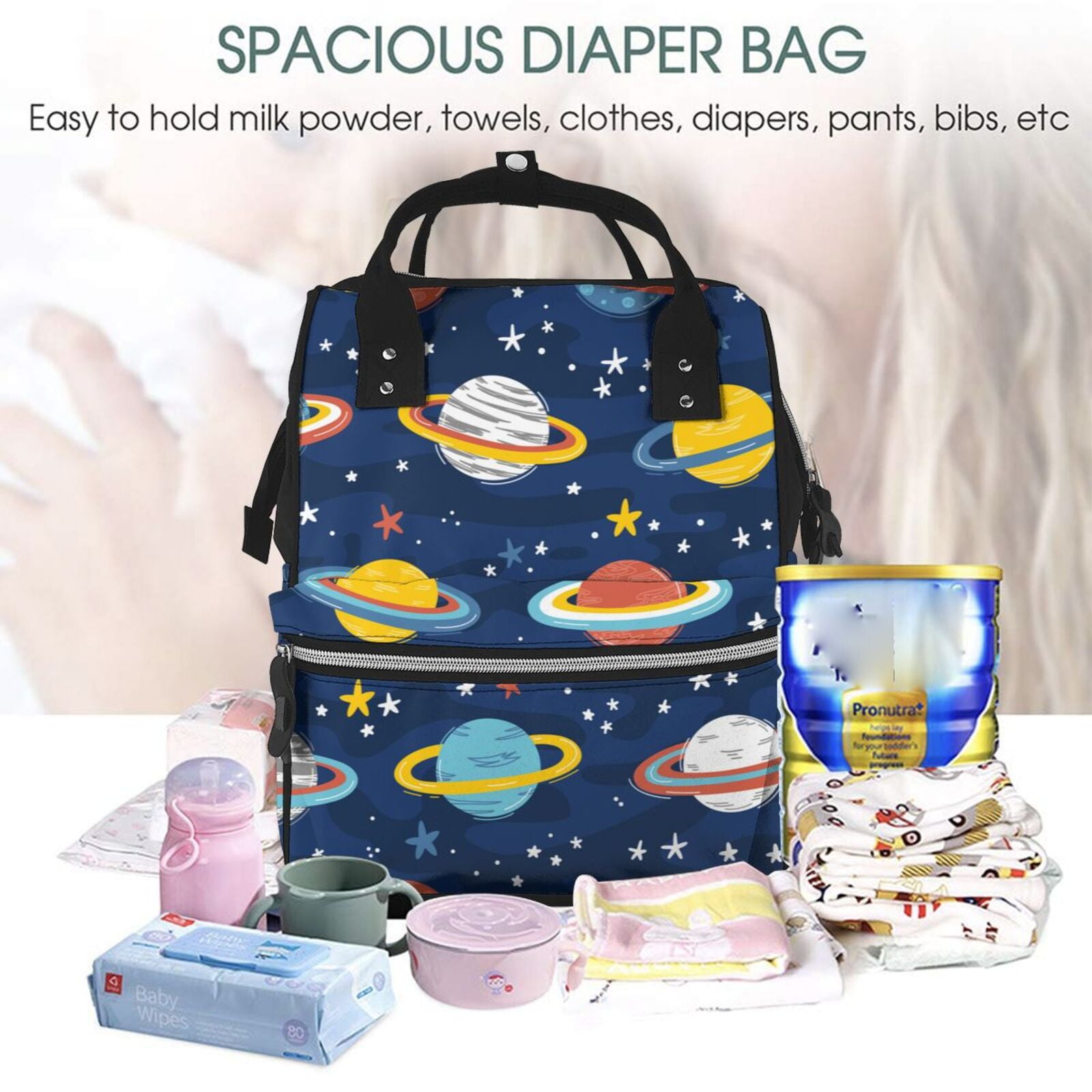 Ratiio Planets and Stars Mummy Backpack - Waterproof Twill Canvas, Large Capacity Diaper Bag with Multiple Pockets and Adjustable Straps