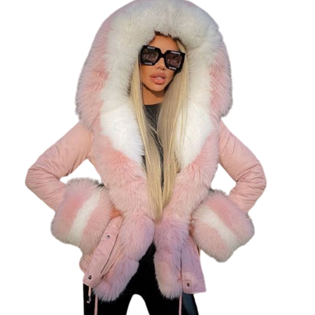 L White S,Manufacturer BLady Womens Classy 2 Color Faux Mink & Silver Fox Fur Medium Hooded Coat
