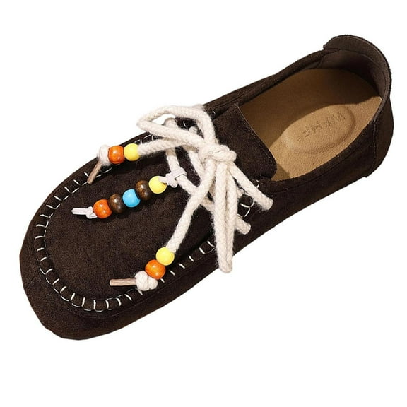 Mlkoz Flats for Women Lace up Shoes Round Toe Comfortable Slip On for Casual Work Embroidery Hand-Stitched Soft Casual Walking Shoes