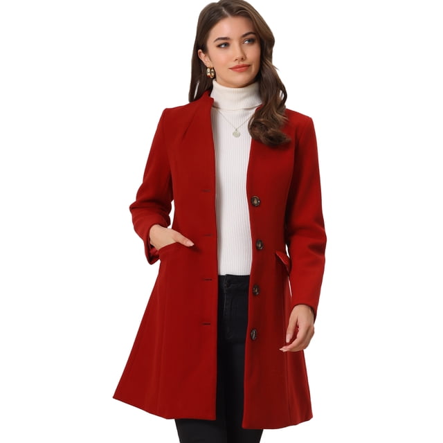 Abrigo largo elegante de invierno para mujer con cuello en V y un solo pecho Rojo Oscuro XL