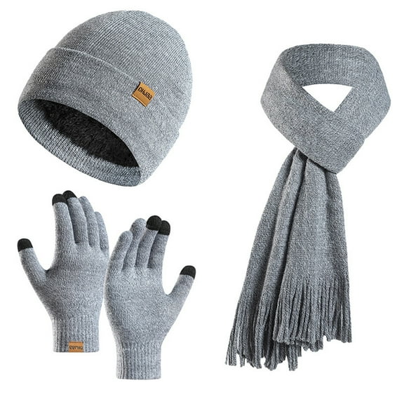 Winter Warm Knitted Scarf Beanie Hat and Gloves Set for Women, Fleece Lined Hats Touchscreen Gloves Light Gray Free