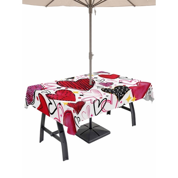 Outdoor Tablecloth with Umbrella Hole and Zipper, Romantic Love Rectangle Table Cloth 54x80 Inch Waterproof Tablecloth, Valentine's Day Cartoon Stars Heart Pink Red Picnic Table Cover for Patio