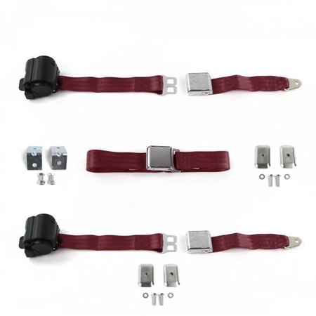 SafeTBoy Airplane 2 Point Burgundy Retractable Bench Seat Belt Kit with Bracketry & 3 Belts for 1964-1969 Ford GT40