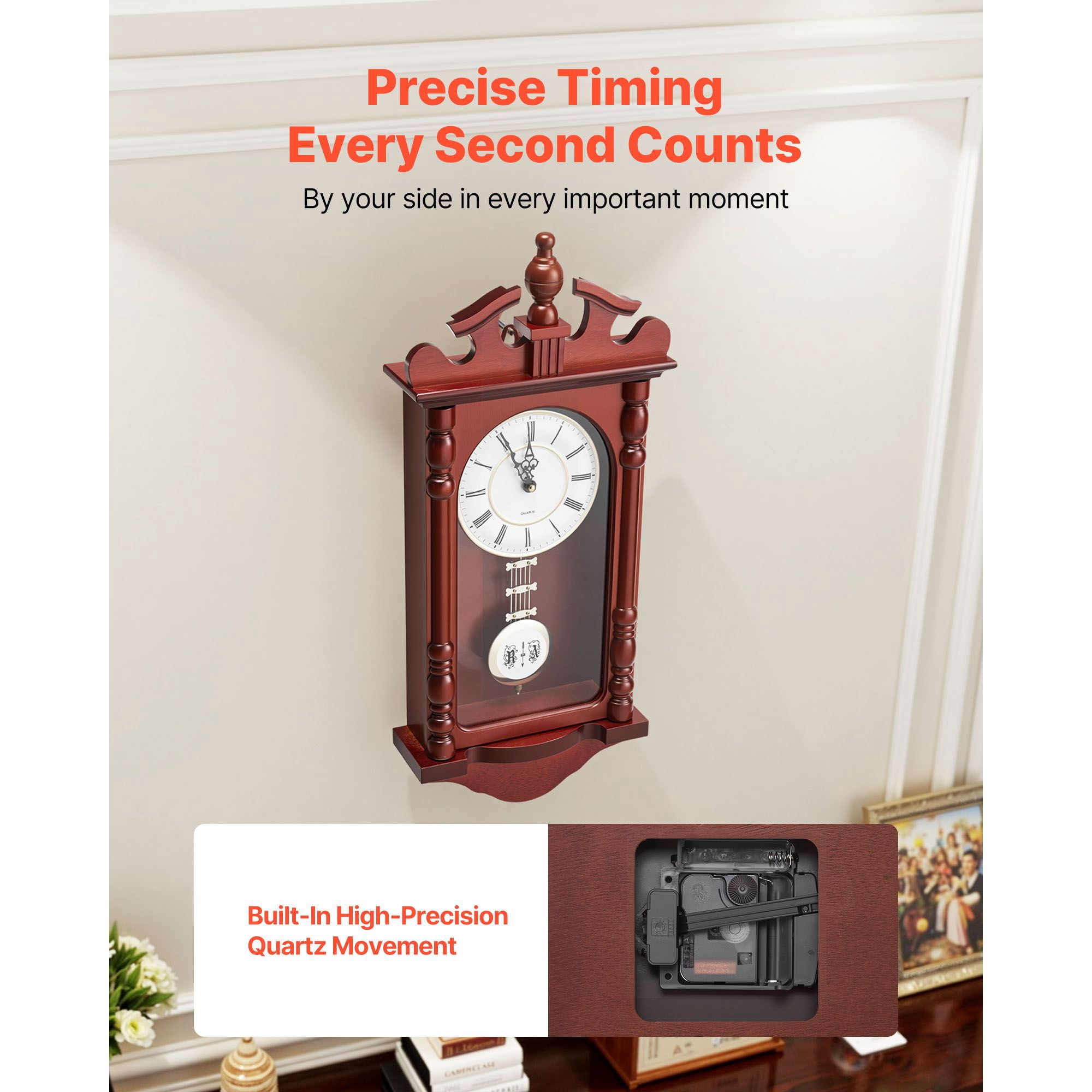 Grandfather Pendulum Clock 23.2" with Silent Quartz Movement, Pine Wood Frame, Cherry Tone Finish, Roman Numerals, for Living Room Bedroom
