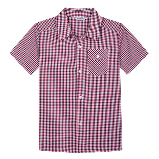 Bienzoe Chemise à Carreaux en Coton à Manches Courtes Boutonnée pour Garçon Rouge 5/6