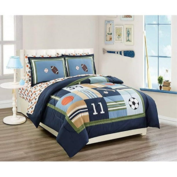 Elegant Home Multicolor Sports Basketball Baseball Soccer Football Design 7 Piece Full Size Comforter Bedding Set For Boys Kids Bed In A Bag With Sheet Set Sports Navy Full Size Walmart Com