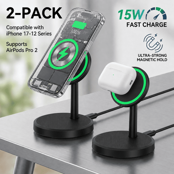 2-Pack 15W Magnetic Wireless Charger Stand, Fast Wireless Charging Station Compatible with iPhone 17/17 Air/17 Pro/17 Pro Max 16-12 Series & AirPods, Magnetic Charger Stand for Desktop & Nightstand
