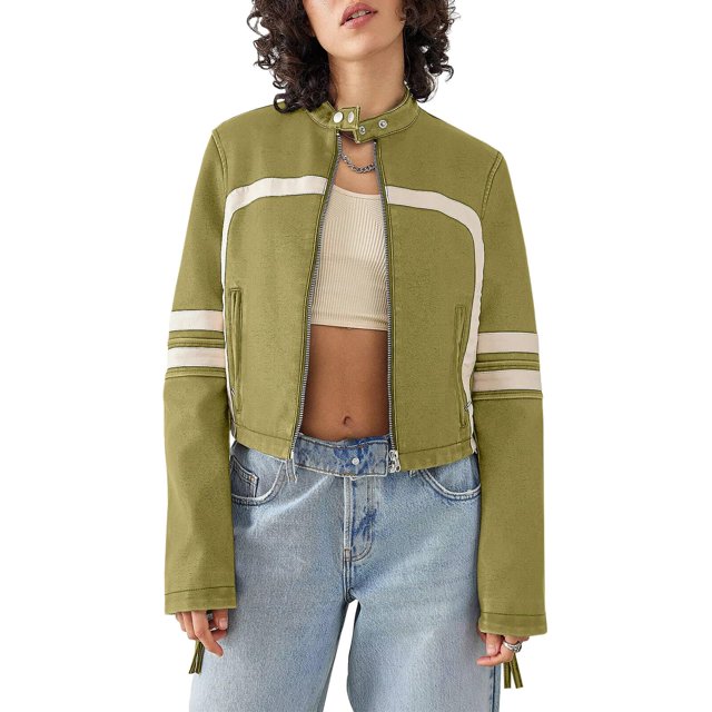 Chaqueta Saodimallsu de piel sintética para mujer con cremallera y cuello alto