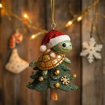 Hometravel Santa Hat Turtle Ornament, Cute Christmas Acrylic Hanging Decor with Glitter, Festive Animal Theme Tree Decoration, Seasonal Holiday Display