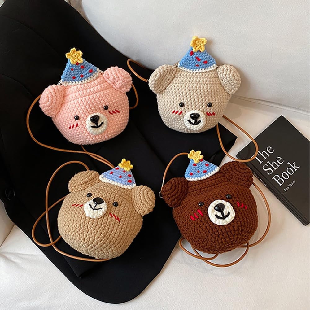 Baguery Handmade Crochet Party Hat Bear Crossbody Bag - Cute Knitted Animal Purse with Metal Frame, Mini Shoulder Bag for Women
