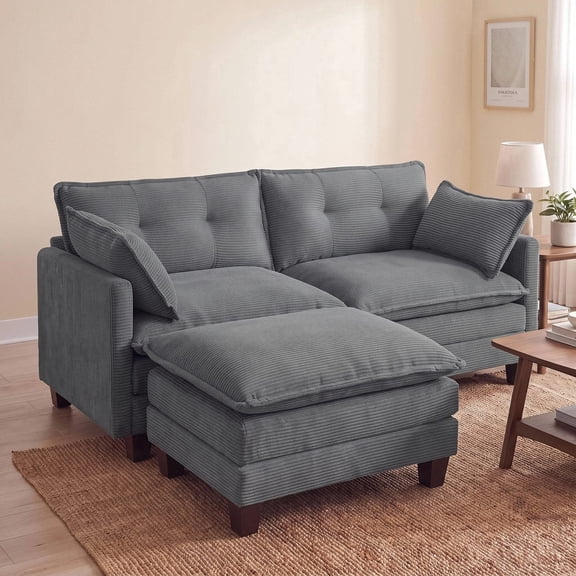 Amsleekey 76.5" L-Shaped Modular Sectional Sofa, Corduroy Cloud Couch with Movable Ottoman, 2-Seat Deep Seat Sofa for Apartment Living Room, Grey