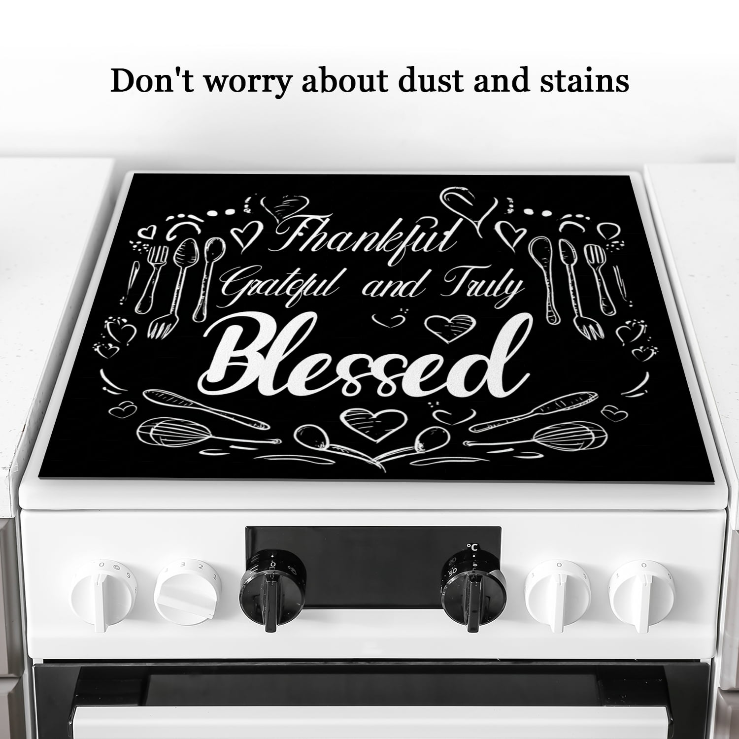 Square Stove Top Covers, Black and White Grateful Print Heatproof Oilproof Cooktop Protector Mat, Foldable Range Cover Pad for Kitchen RV (28×20 Inch)