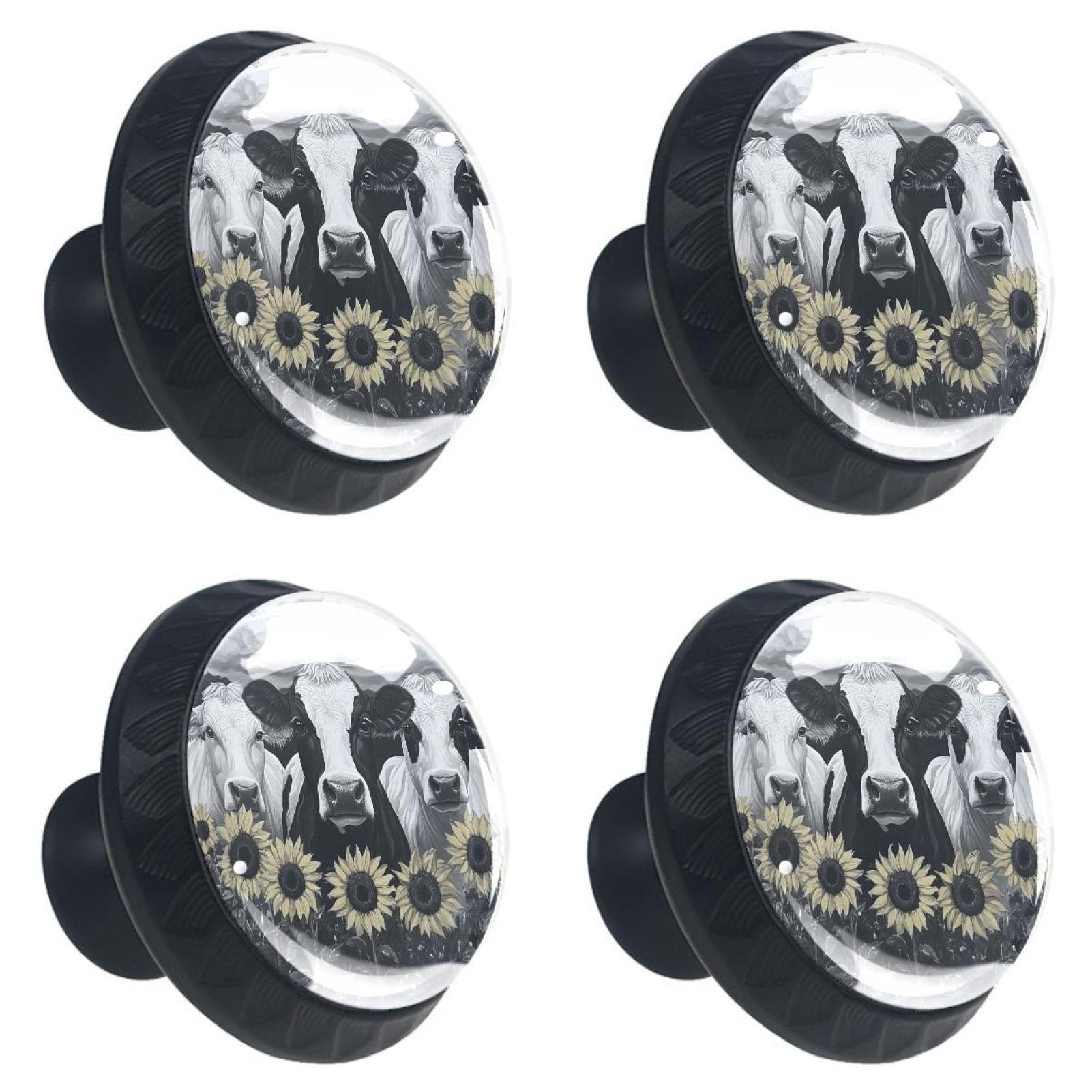 4 Pcs Cow and Sunflower Knobs for Kitchen Cabinet Cupboard Dresser Bookcase Drawer Pulls Handles Round Home Decor