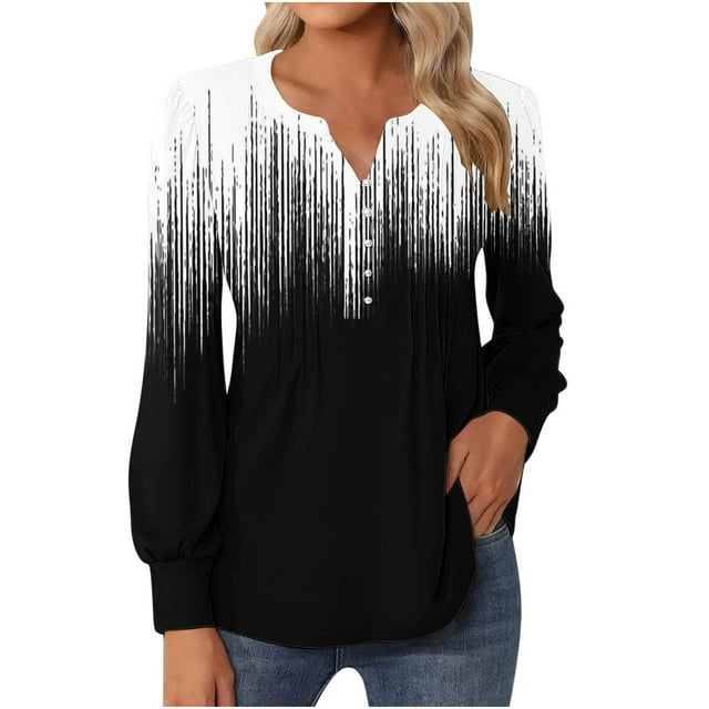 FAIWAD Women's V Neck Long Sleeve Tunic Tops Print Pleated Layered Button Down Slim Pullover Tops