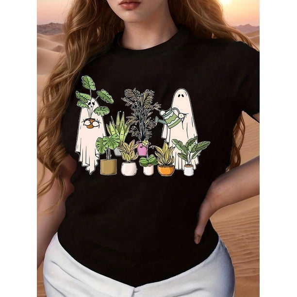 Halloween T-Shirt - Green Plant Ghost Print - Spring And Summer Casual Short Sleeve- Fashion Women's Clothing