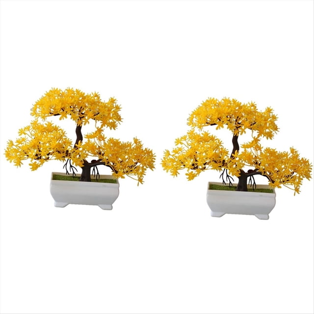 2 Piezas de Plantas Artificiales BonsáI de PláStico, Maceta PequeñA para áRbol, Planta Falsa, Adornos en Maceta para la Mesa de la HabitacióN del Hogar, Amarillo