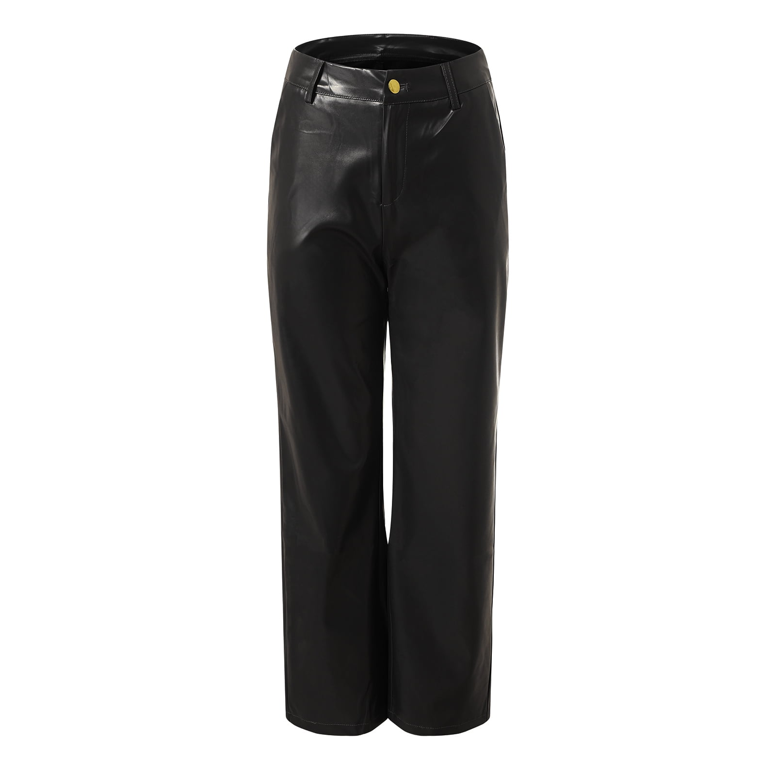 vigerkar Women's Faux Leather Pants Button PU Jeans Straight Wide Leg Trousers with Pockets (Black, XL)