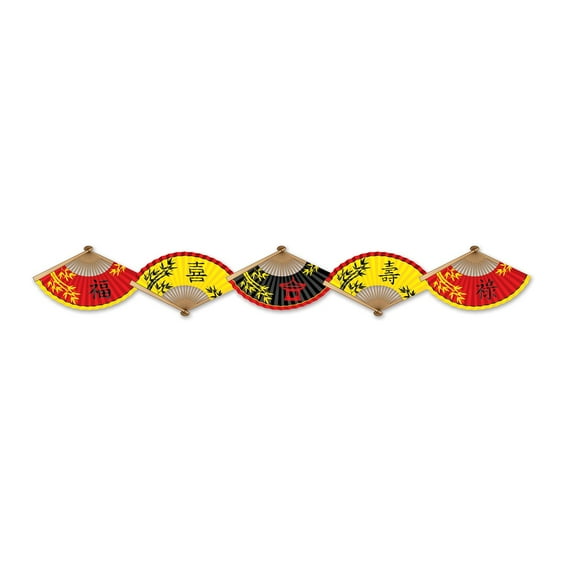 Set of 12 Red and Yellow Asian Paper Fan Streamer 5'