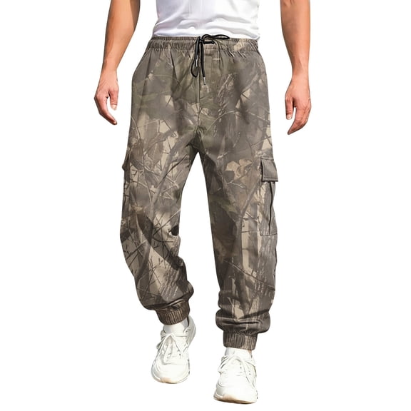 Havenx Mens Baggy Camo Cargo Pants Maple Leaf Print Drawstring Waist Tapered Cargo Joggers with Pockets Wide Leg Trousers Hunting Casual Fashion Loose Fit Y2k Outfits,Multicolor S
