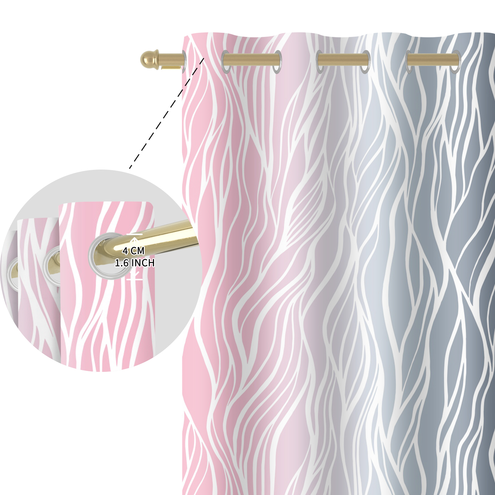 Nanqianyi Ombre Pink and Grey Blackout Curtains for Bedroom, White Wave Striped Gradient Thermal Insulated Drapes with Grommet, 2 Panels, 42x84 inches