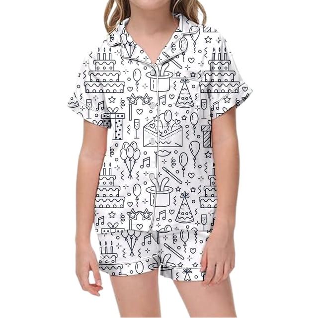 Girls DIY Printed Lapel Short Sleeve Top and Comfortable Shorts Pajama Set with Cute Buttons Design Breathable Home Wear