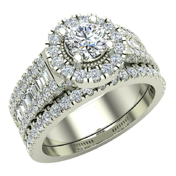 Round Cut Wedding Ring Set for Women 14K White Gold Halo Bridal Rings Set Wide Shank 1.42 CTW ( G , I1 )