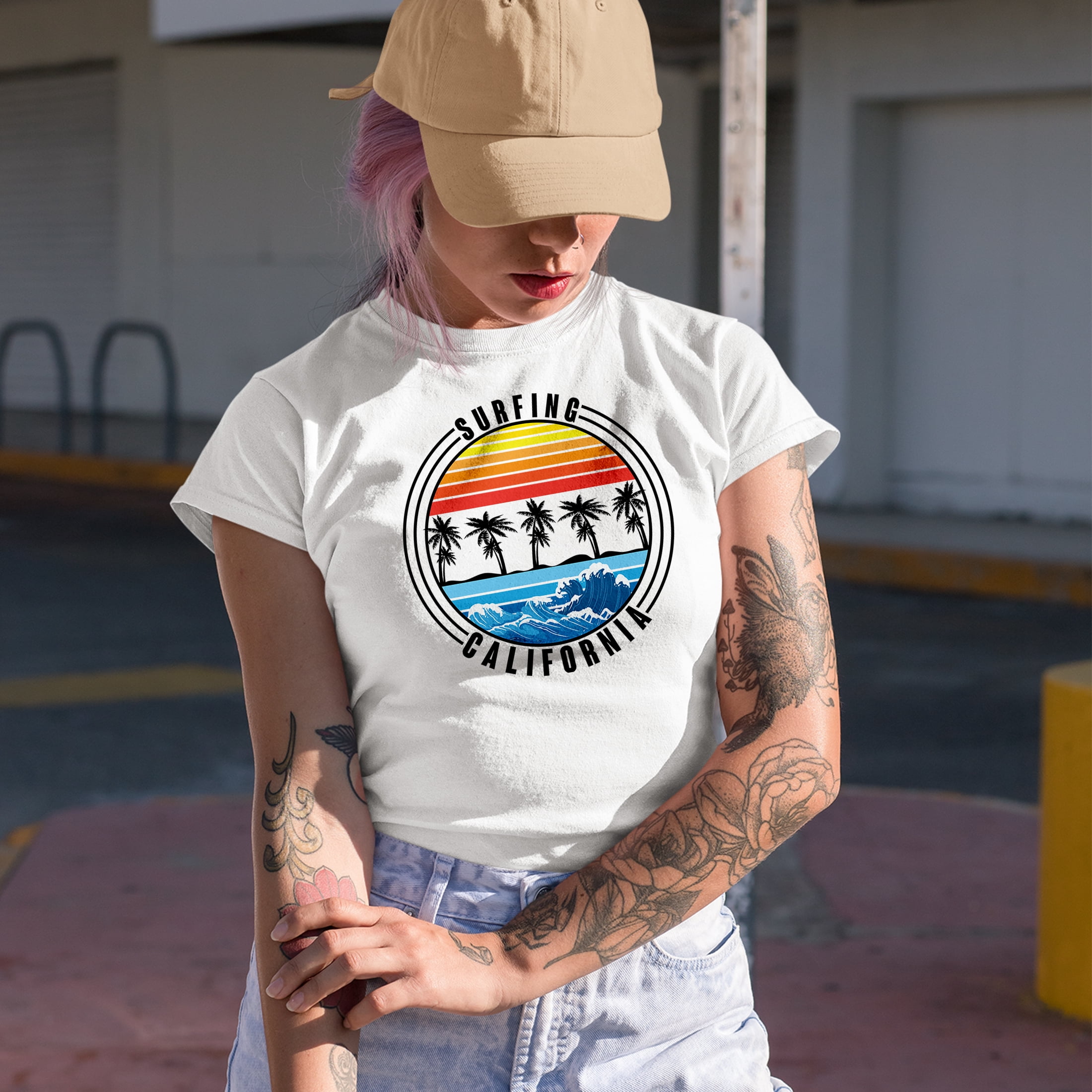 Surfing California with Beach Waves & Palm Trees, Heather Grey T-Shirt, 3XL