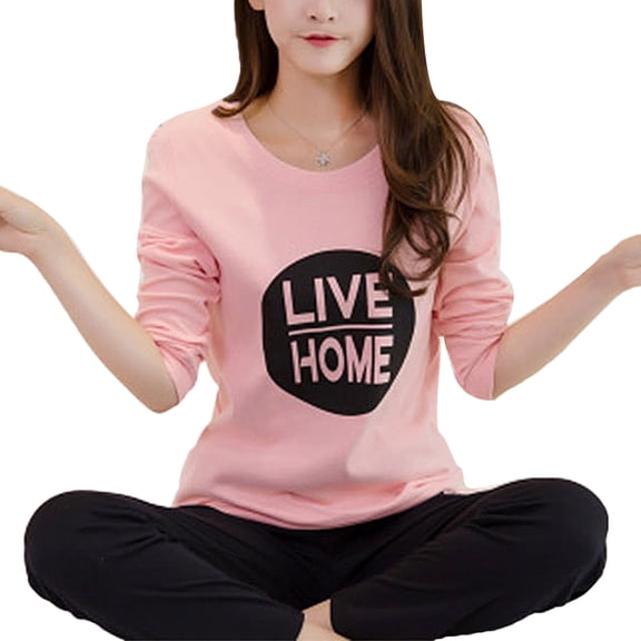 HEVIRGO Casual Women Cartoon Animal Print O Neck Top Long Pants Pajamas Sleepwear Set
