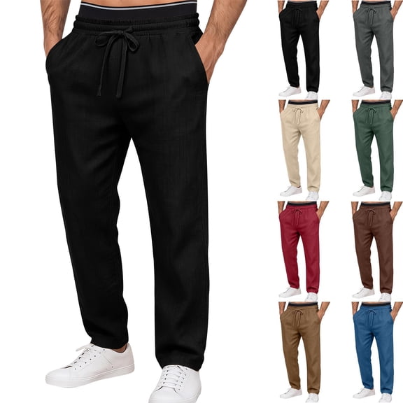 Men’s Elastic Waist Straight Leg Pants with Denim-style Buttons | Multi-Pocket Solid Color Casual Trousers