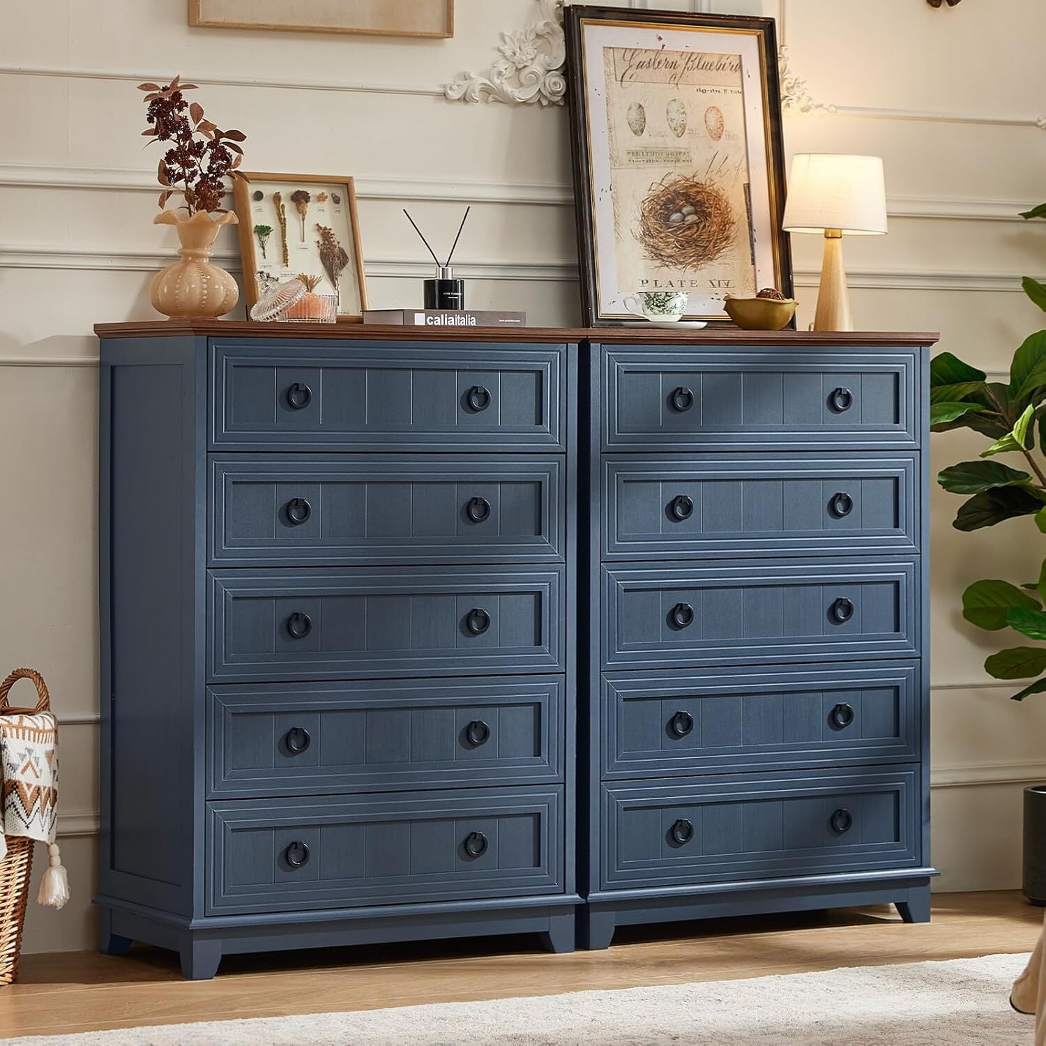 Joaxswe 5 Drawer Dresser Tall, Farmhouse Blue Chest of Drawers with Anti-Tip, Adult Large Storage for Bedroom, Hallway, Entryway