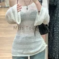 thumbnail image 2 of Autumn Sexy Mesh Long Sleeve Sweater Women Summer New French Hollow Thin Sunscreen Tops Korea Chic Knitted Casual Beach Pullover, 2 of 5