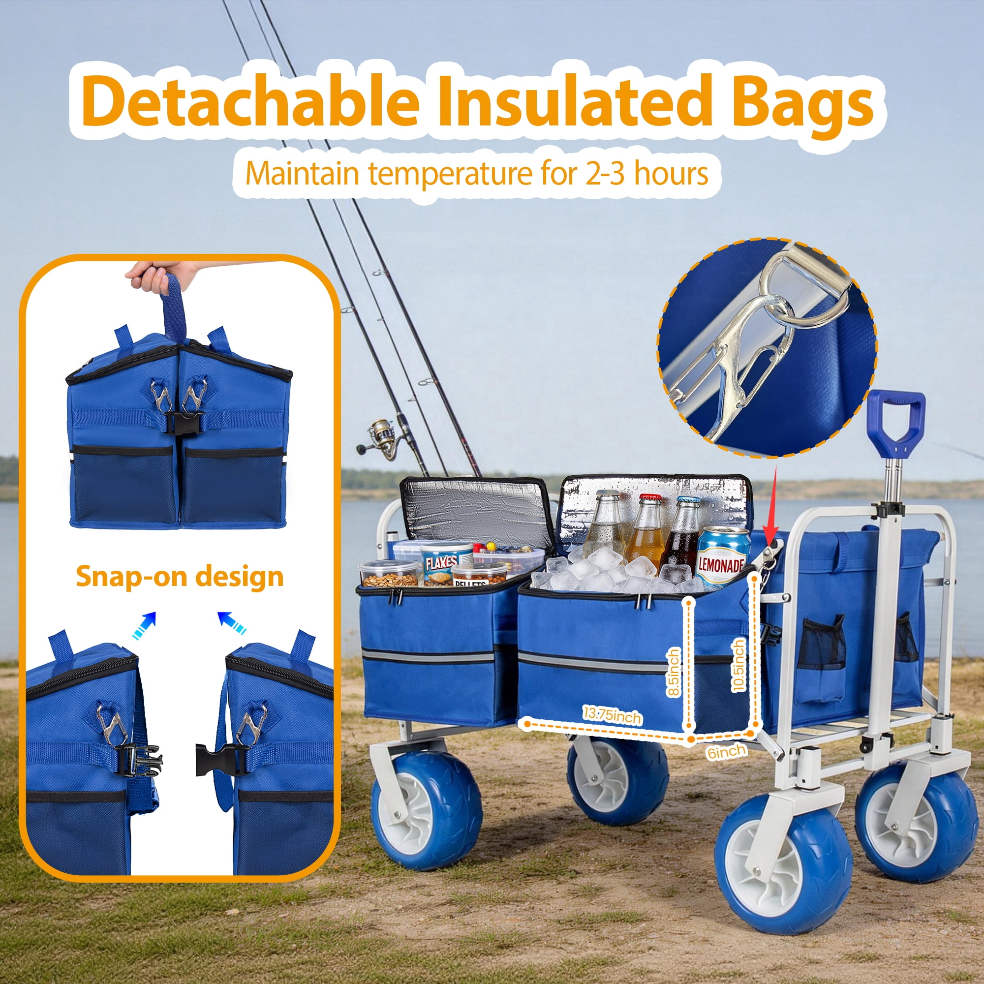 Beach Wagon Cart Opened Tailgate 9 Inch All-Terrain Wheels 500lbs Heavy Duty Collapsible Folding Wagon Adjustable Handle Cooler Storage Bags Beach Camping Garden Outdoor Sports Blue