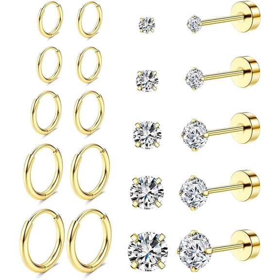 Tragus Gold Earrings Set for Women, Cartilage Earring Stack for Multiple Piercing, Hypoallergenic Helix Flat Back Small Stud Hoop Earrings for Sensitive Ear, Jewelry Gift